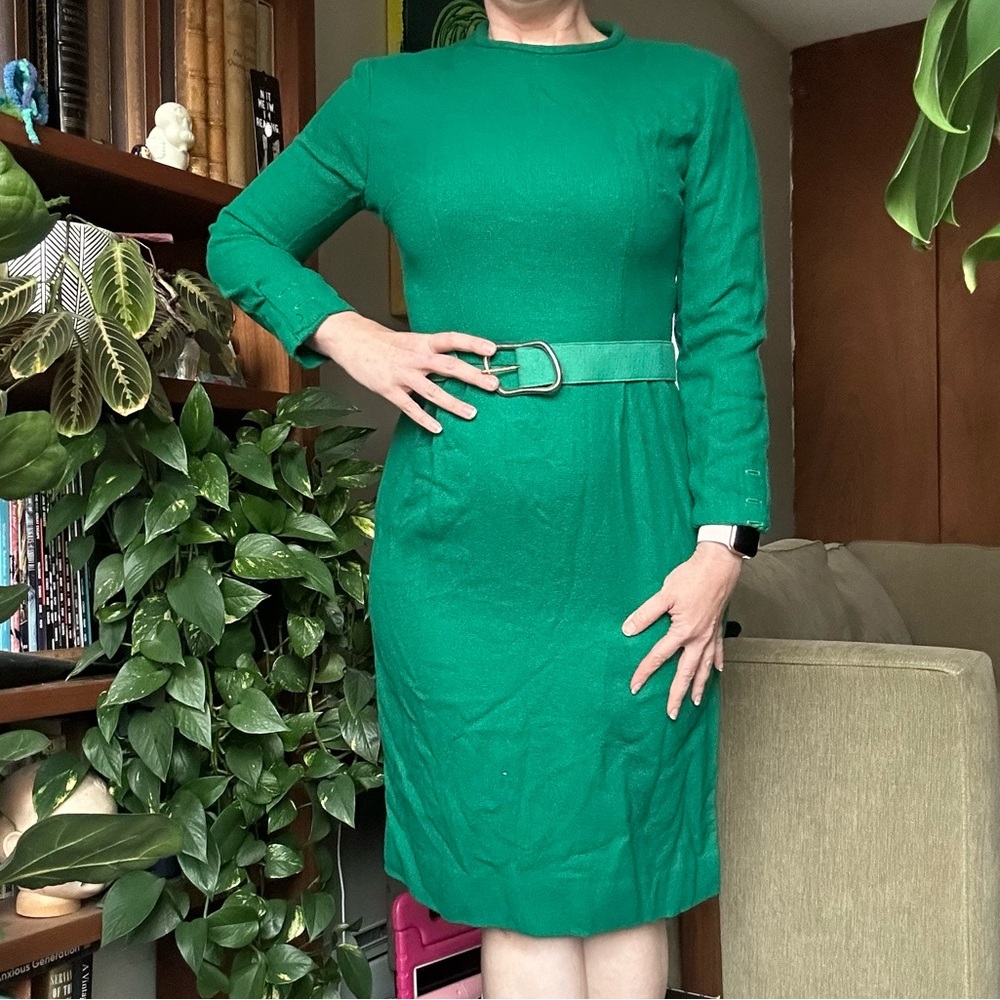 Vintage Handmade Green Belted Long Sleeve Sweater Wiggle Dress